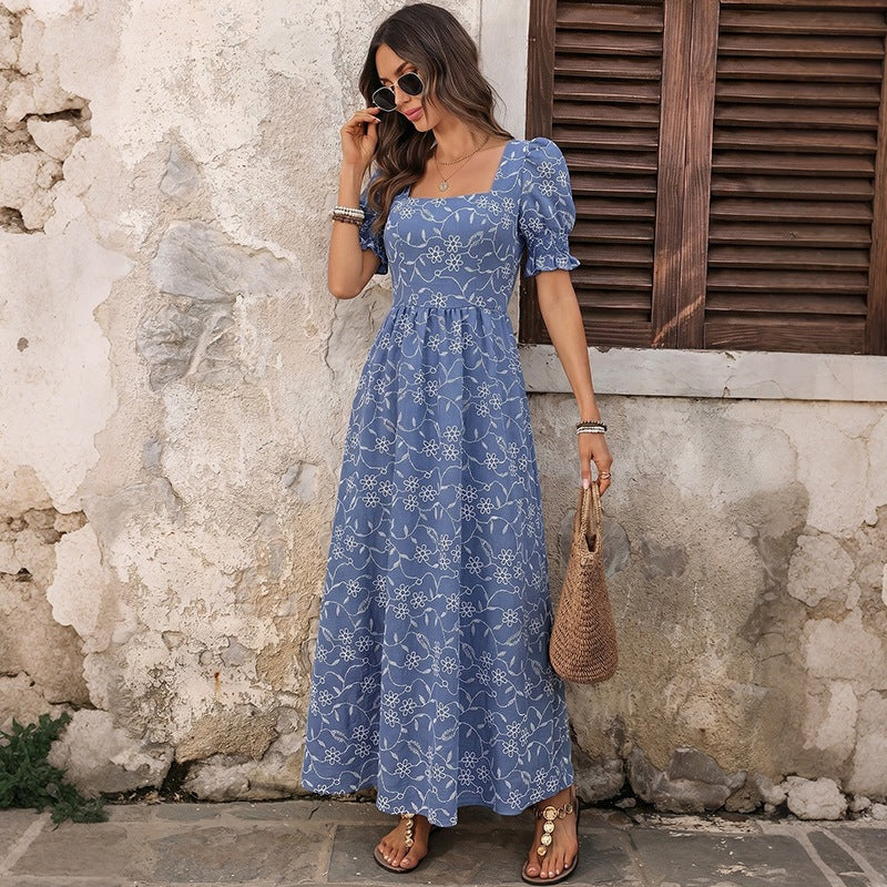 Women's Long Light Summer Maxi Dress with Square Neckline, Puff Sleeves and Floral Embroidery Look Mune Fashion