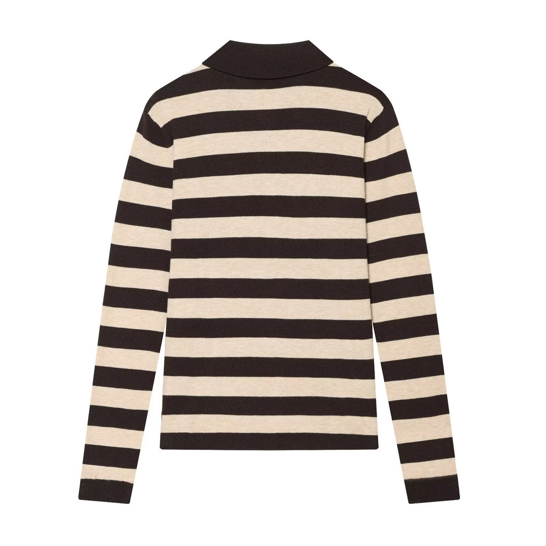 Women Striped Fine Knit Polo with Button Placket and Shirt Collar Mune Fashion
