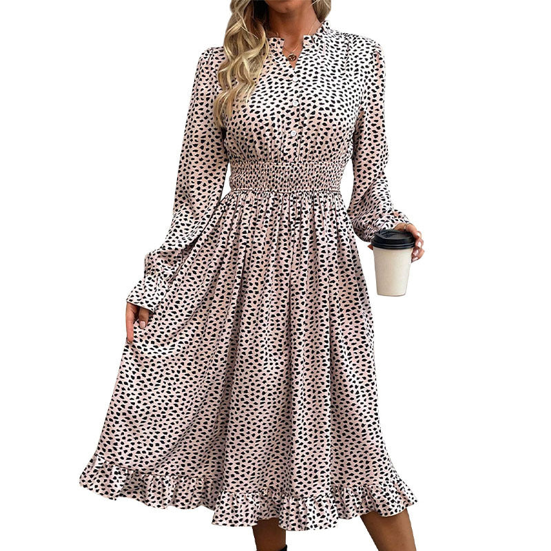Women's midi dress with smocked waist, button placket, stand-up collar, and flounce skirt Mune Fashion