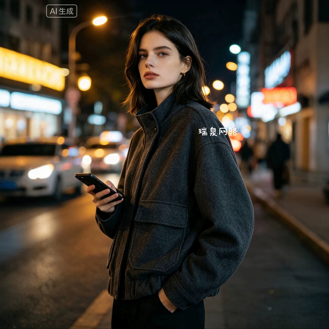 Women Boxy Transitional Jacket made of Wool Blend with Stand-Up Collar, Patch Flap Pockets and Elastic Hem Mune Fashion