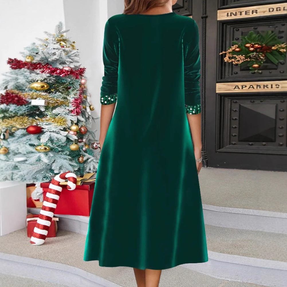 Women's festive sequin panel maxi dress with V-neck long sleeves and decorative waist belts Mune Fashion
