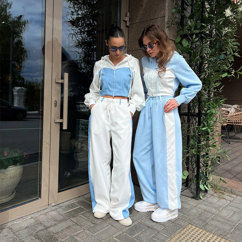 Ladies two-piece cropped hoodie set with zipper, elastic comfort waistband and wide side stripe pants Mune Fashion
