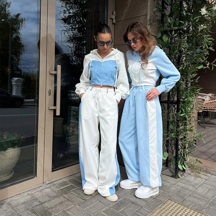 Ladies two-piece cropped hoodie set with zipper, elastic comfort waistband and wide side stripe pants Mune Fashion