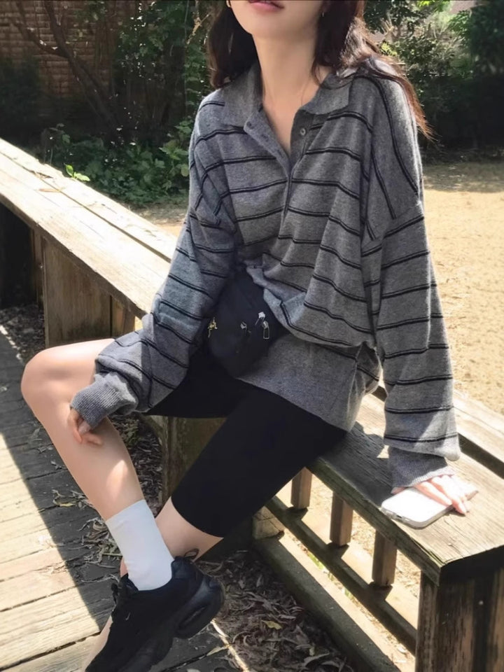 Women Oversized Polo Collar Knit Sweater with Stripes and Half Button Placket Mune Fashion
