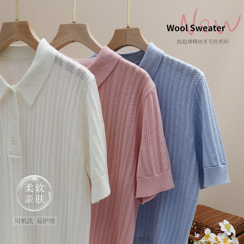 Women's Short Sleeve Ajour Knit Polo Shirt with Fine Rib Pattern Mune Fashion