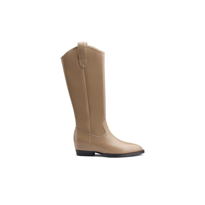 Women's Knee-High Western Boots made of Smooth Leather with Pointed Toe and Low Block Heel Mune Fashion
