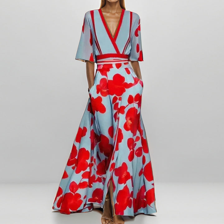 Women's maxi dress with wrap top, waist belt, and flowing satin skirt Mune Fashion