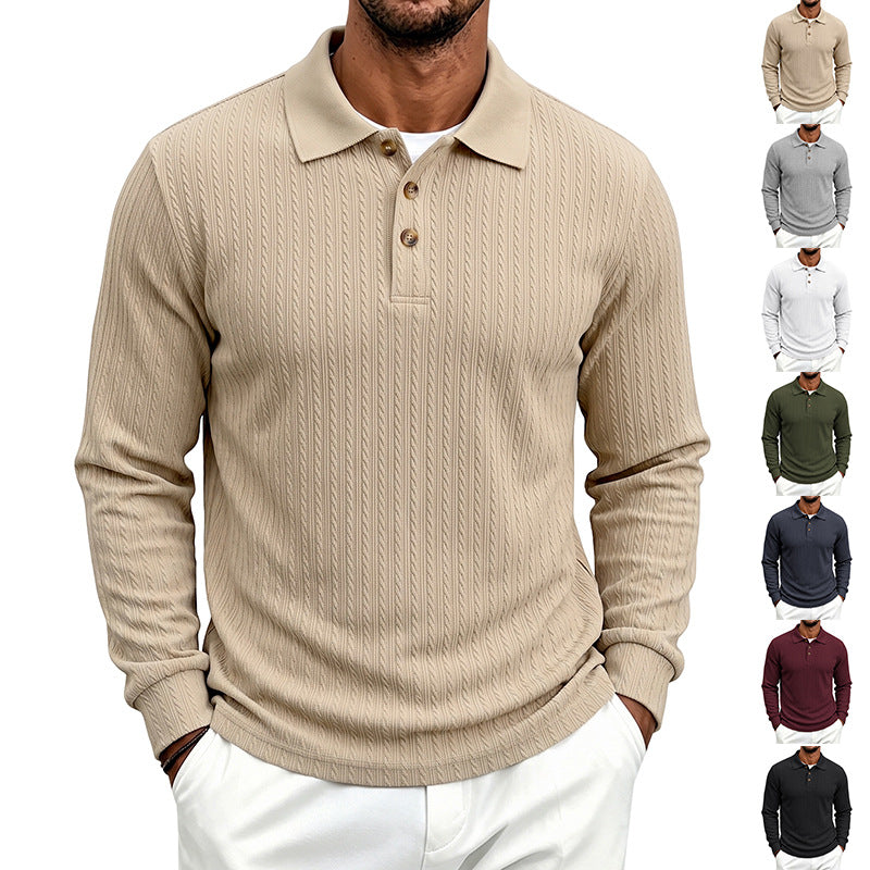 Men's Structured Long Sleeve Polo in Fine Knit with Cable Pattern and Button Placket Mune Fashion