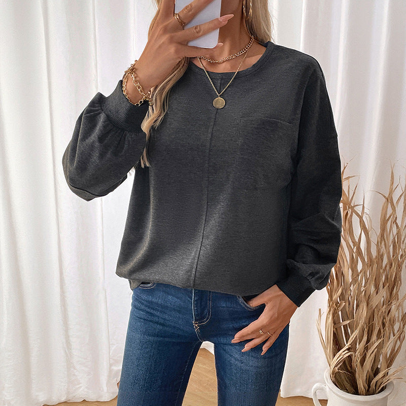 Women's Casual Long Sleeve Jersey Shirt with Central Decorative Seam, Round Neck & Rounded Hem Mune Fashion