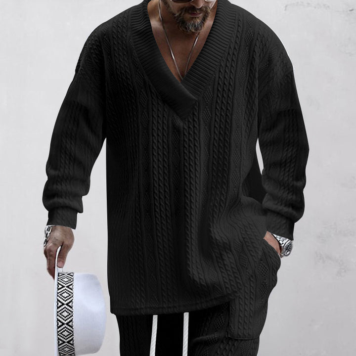 Men's oversized cable knit V-neck sweater with relaxed pants set Mune Fashion