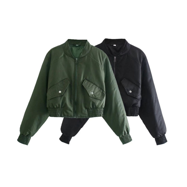 Ladies nan cropped bomber jacket with stand-up collar, padded interior and applied flap pockets Mune Fashion