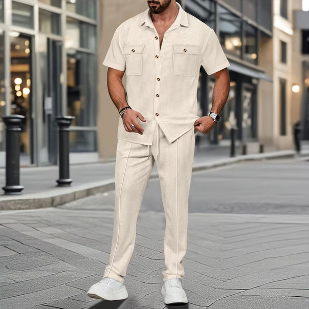 Men's casual lounge ensemble camp collar shirt with patch chest pockets and tapered drawstring pants Mune Fashion