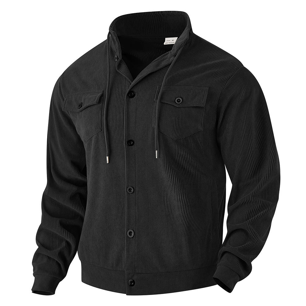 Men's structured cord worker jacket with hidden hood, snap button closure and patch breast pockets Mune Fashion