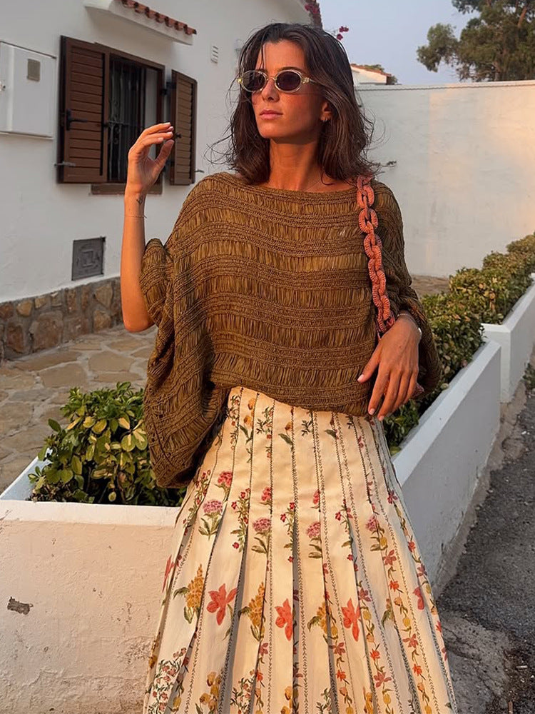 Women Loose Crocheted Poncho Knit Blouse with Wide Boat Neck and Texture Pattern Mune Fashion