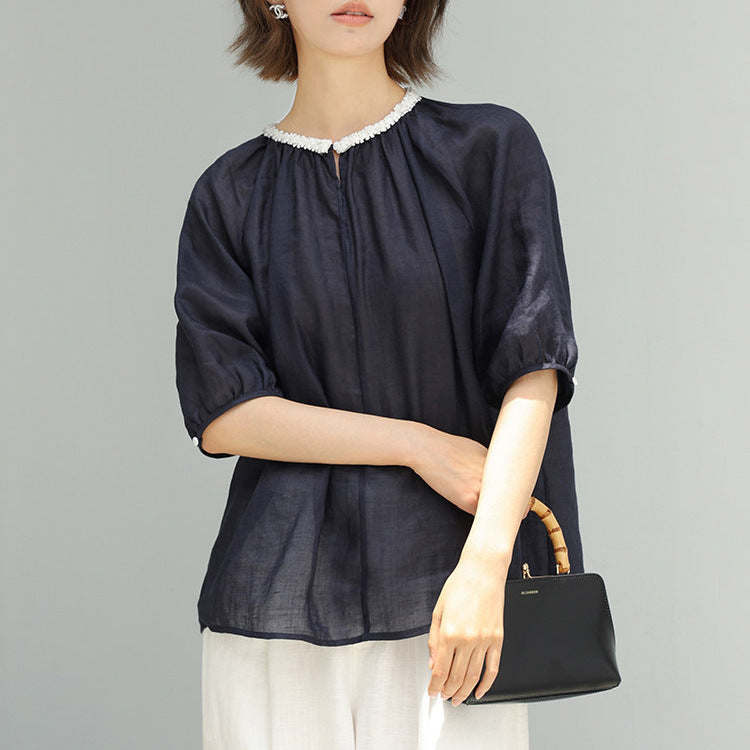 Women's Casual Linen Blouse with Decorative Collar Mune Fashion