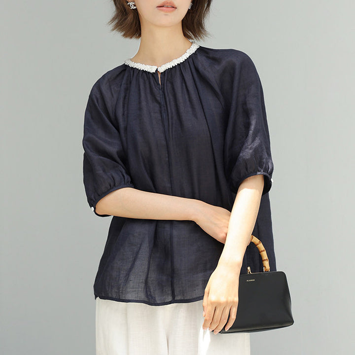 Women's Casual Linen Blouse with Decorative Collar Mune Fashion