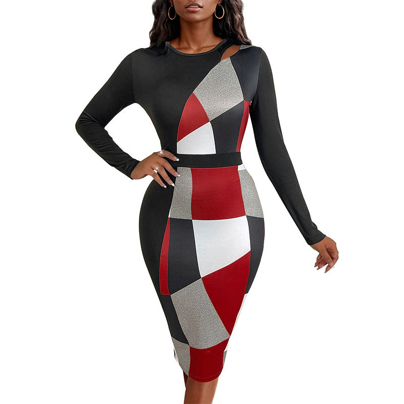 Women's Figure-Hugging Midi Dress with Graphic Color Block Pattern, Cut-Out Shoulder and Tailored Silhouette Mune Fashion