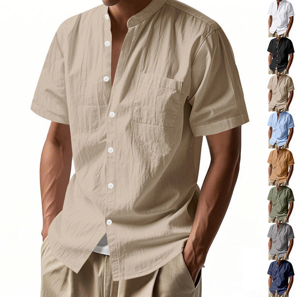 Men's nan legeres short-sleeve linen blend shirt with stand-up collar, chest pocket, and continuous button placket Mune Fashion