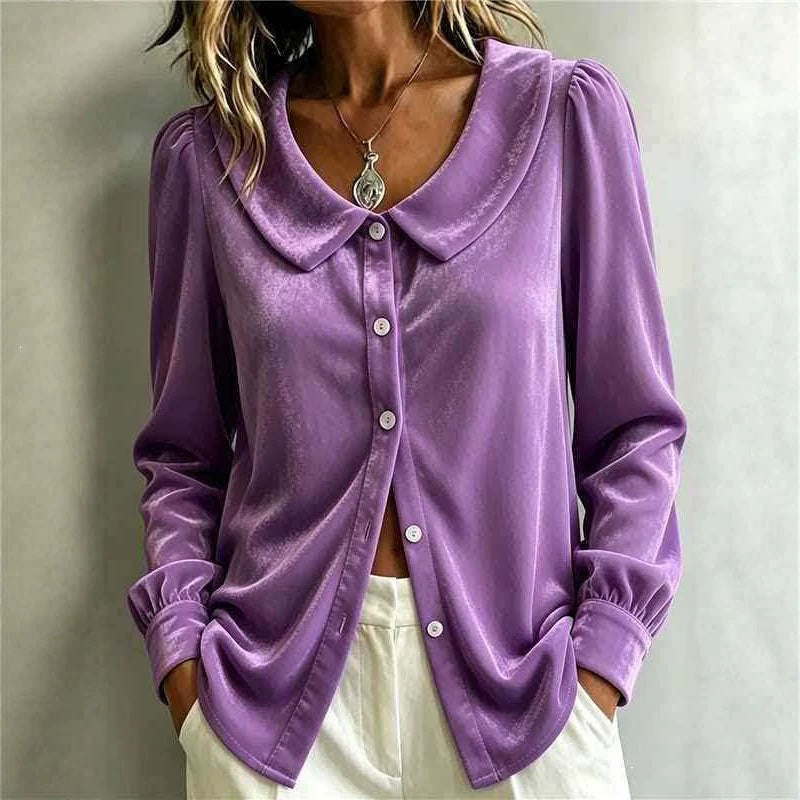 Ladies velvet shirt blouse with Peter Pan collar and mother-of-pearl button placket Mune Fashion
