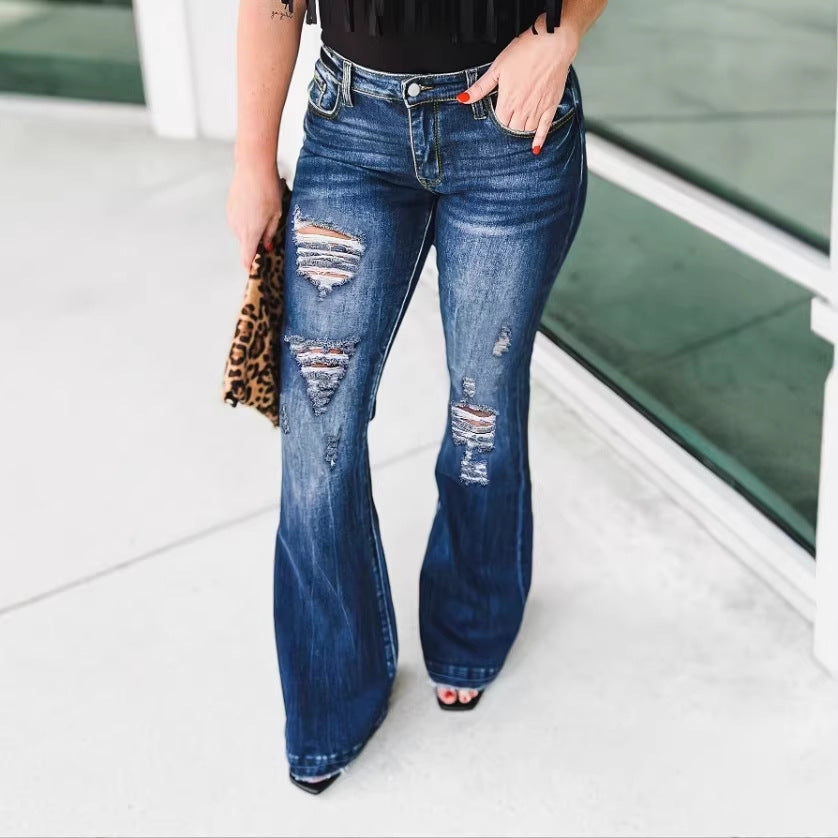 Women's High-Waisted Flared Jeans in Retro Flare with Large Rip Applications and Shaping Fit Mune Fashion