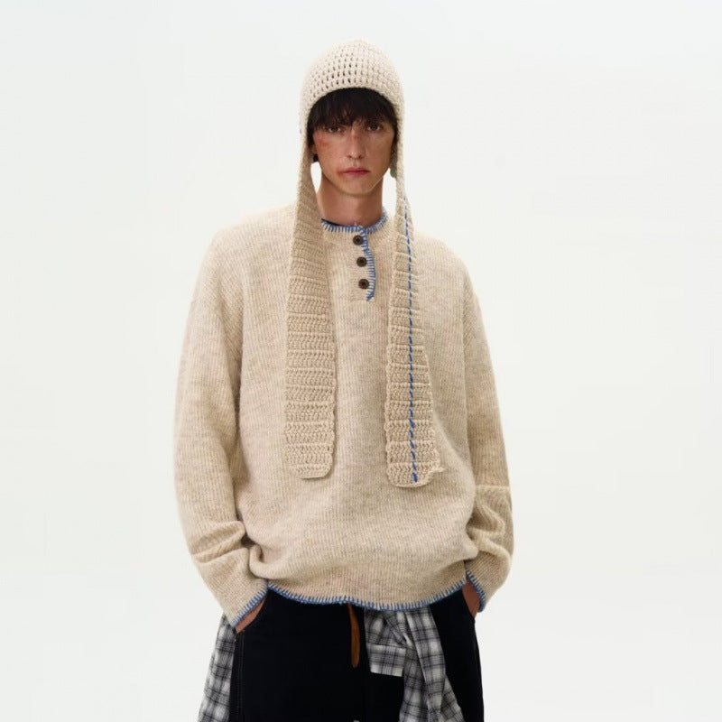 Men's chunky knit Henley pullover with boucle look and contrast cuffs Mune Fashion
