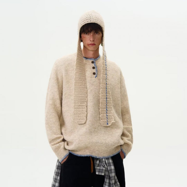 Men's chunky knit Henley pullover with boucle look and contrast cuffs Mune Fashion