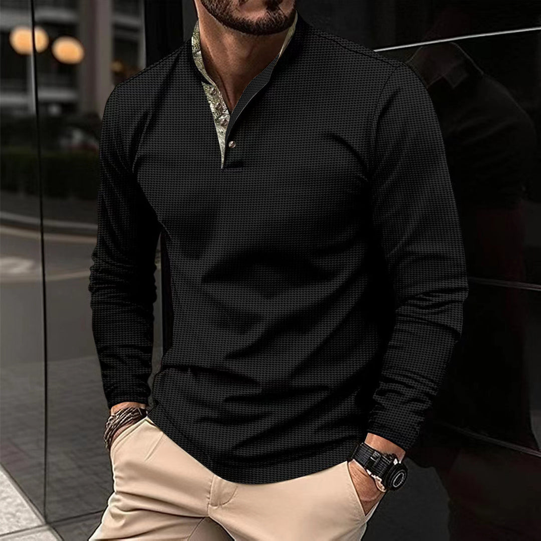 Men's long-sleeved Henley polo shirt with stand-up collar, fine texture, and patterned inner collar Mune Fashion