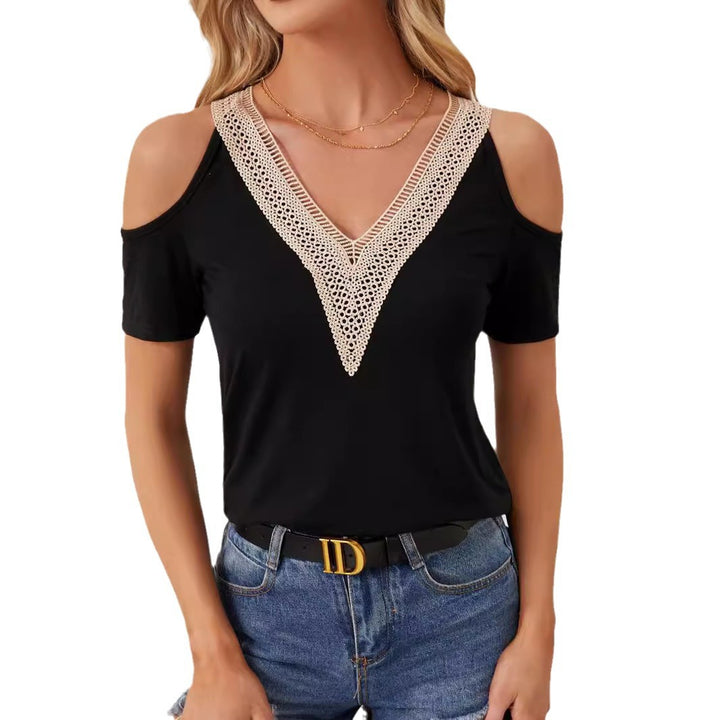 Women nan light jersey shirt with open shoulders, deep V-neck and crocheted V-insert Mune Fashion