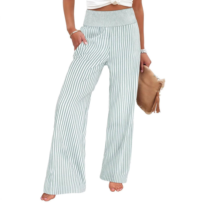 Women's Striped Palazzo Pants with High Ruffled Waist and Wide Leg Mune Fashion