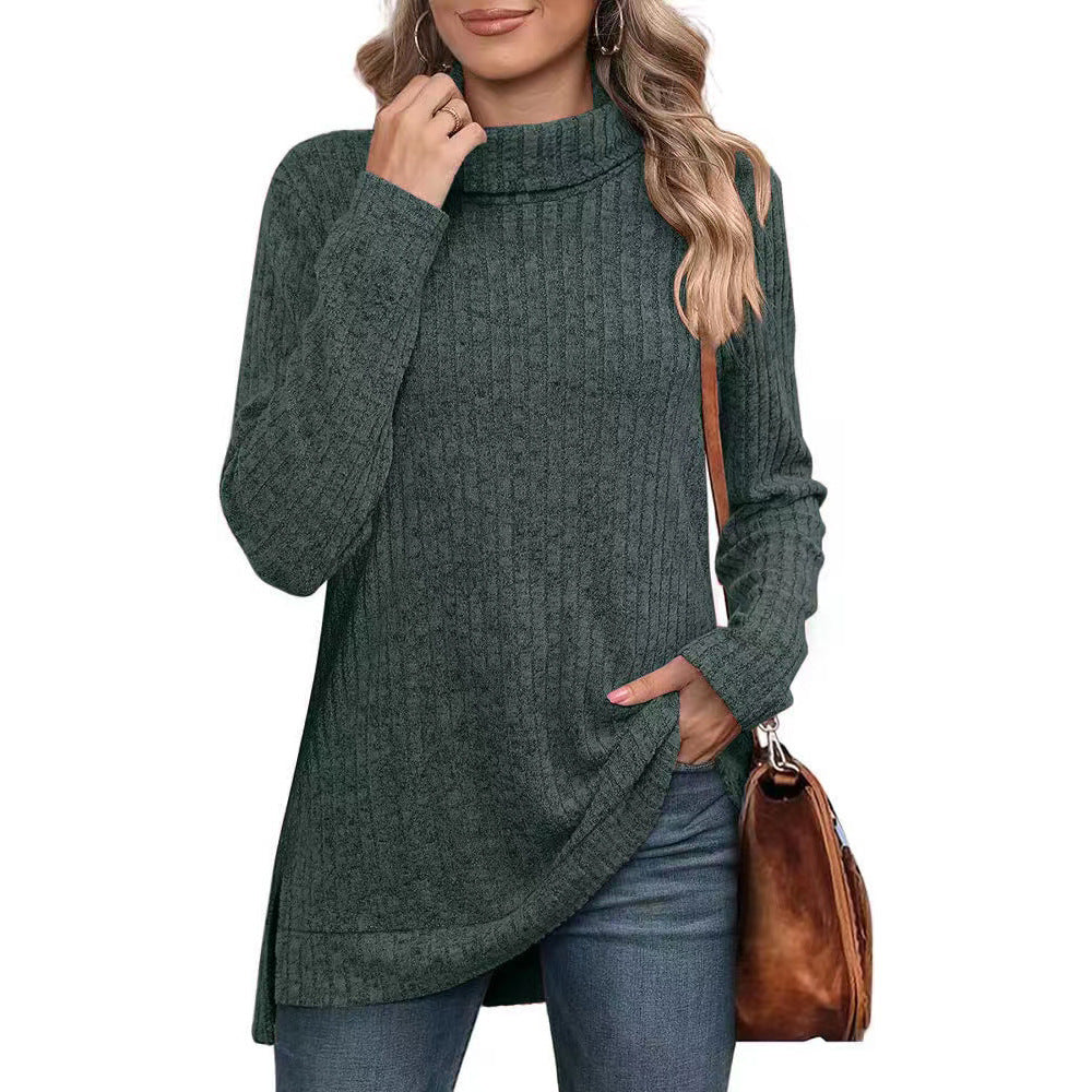 Women's ribbed knit tunic with roll neck, side slits, and extended hem Mune Fashion