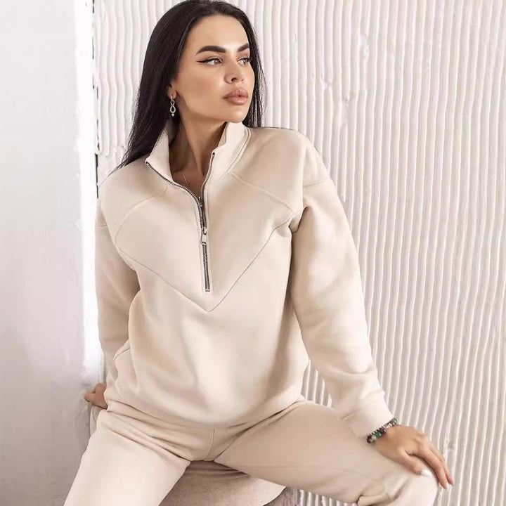 Women's Two-Piece Sweat Loungewear Set with Troyer Zipper and Elastic Jogging Pants Mune Fashion