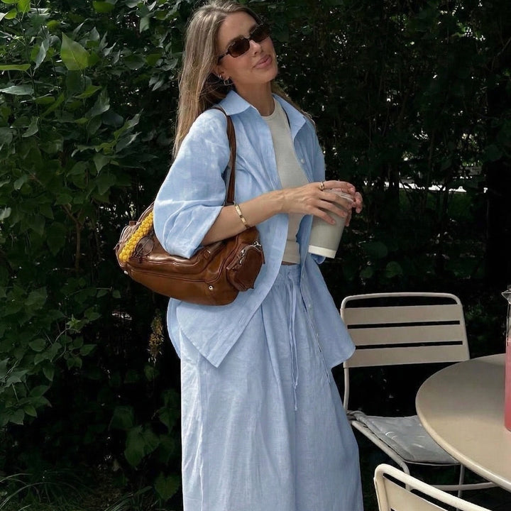 Women's airy linen lounge set with oversized shirt and wide waistband pants with elastic Mune Fashion