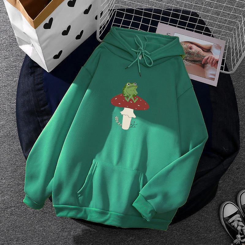 Women's oversized hoodie with kangaroo pocket and frog mushroom print Mune Fashion