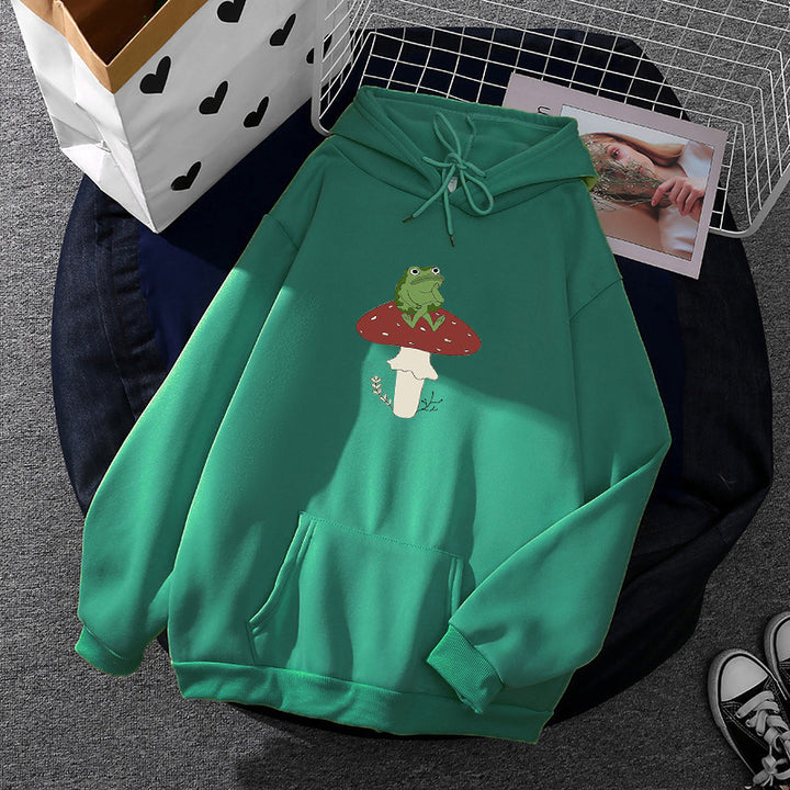 Women's oversized hoodie with kangaroo pocket and frog mushroom print Mune Fashion