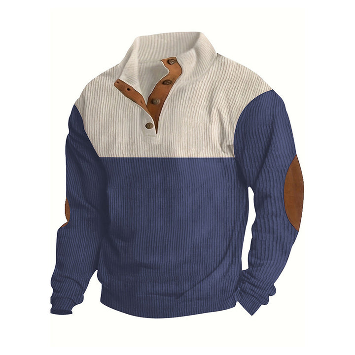 Men's Structured Half-Button Sweater with Stand Collar, Ribbed Texture and Elbow Patches Mune Fashion