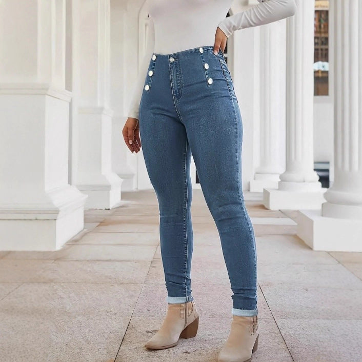 Women's High-waisted, figure-shaping Skinny Jeans with double decorative button placket Mune Fashion