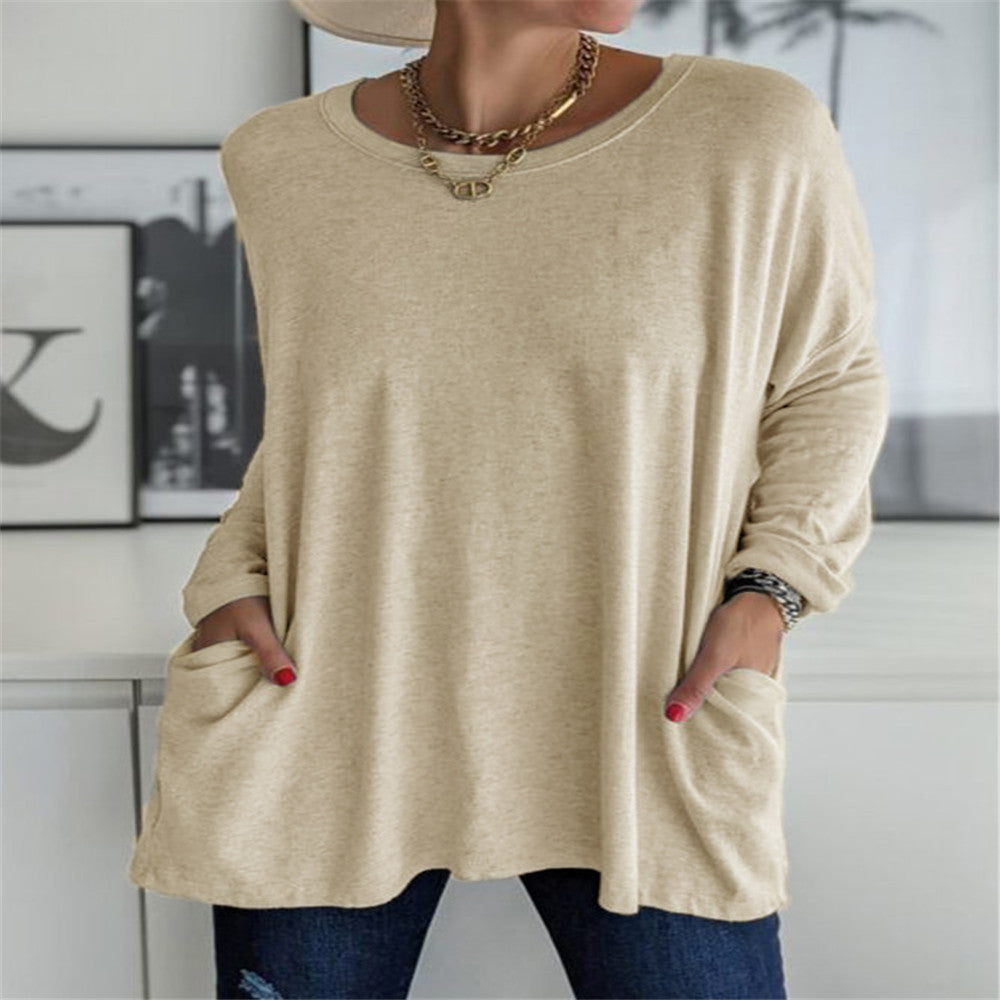 Women's oversized long sleeve tunic with round neckline, drop shoulder and patch pockets Mune Fashion