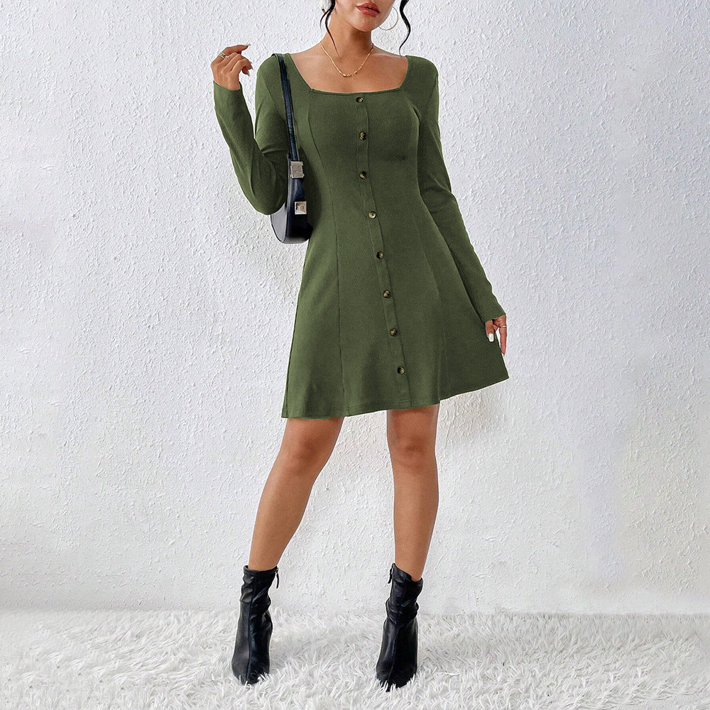 Women’s flared knit corset dress with continuous button placket, square neck and figure-shaping dividing seams Mune Fashion