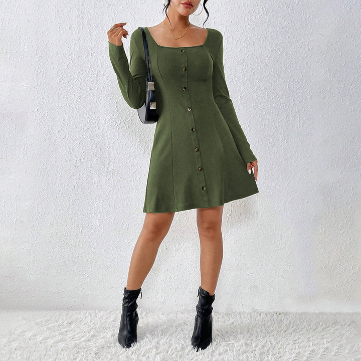 Women’s flared knit corset dress with continuous button placket, square neck and figure-shaping dividing seams Mune Fashion