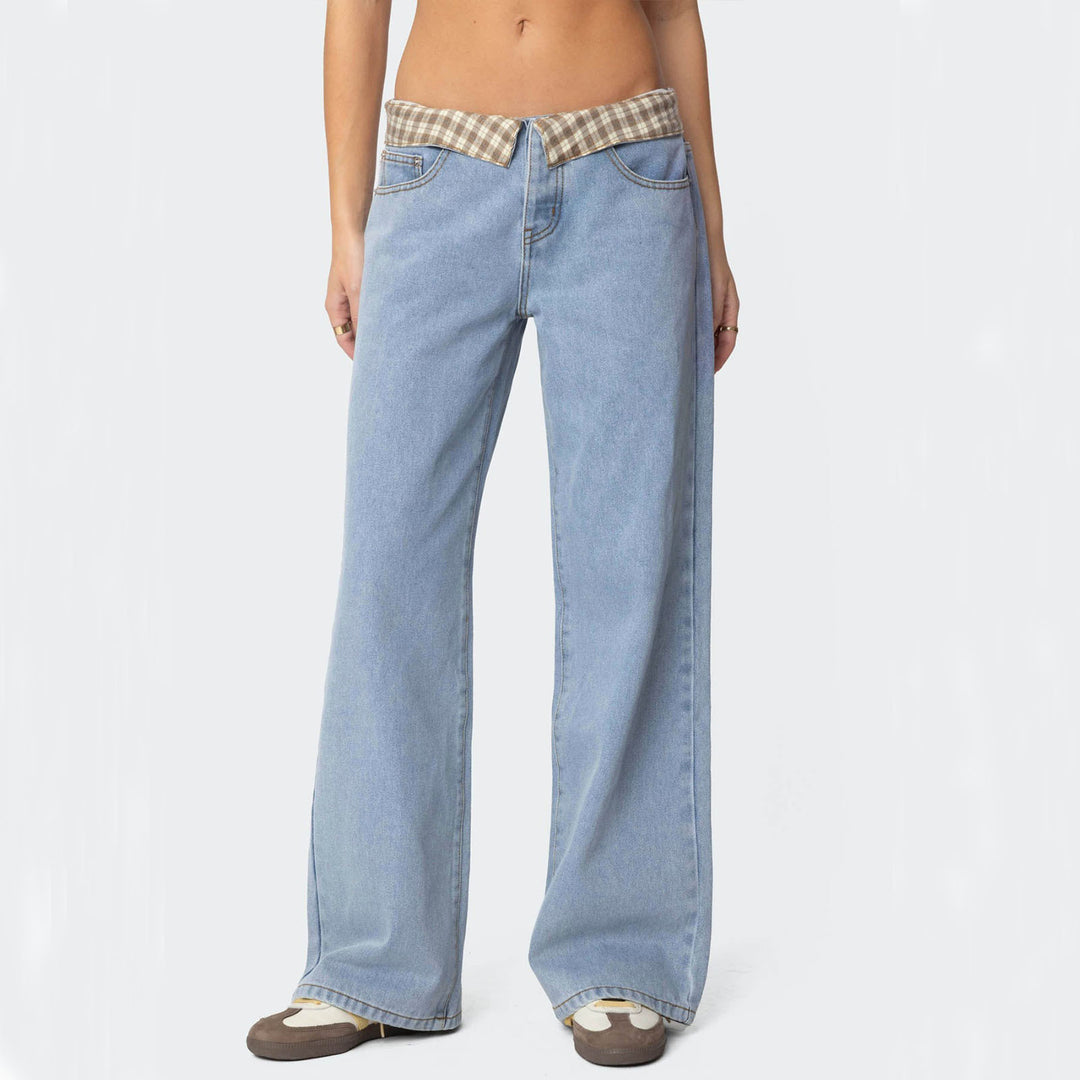Women's wide flared jeans with turned-up check waistband and classic five-pocket cut Mune Fashion