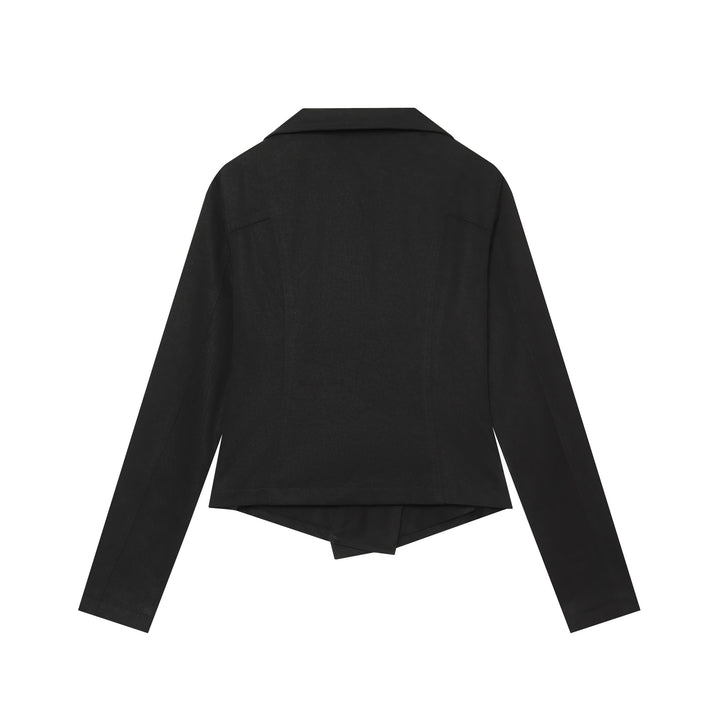 Ladies Asymmetrical Transitional Jacket with Wide Lapel and Drawstring Hood