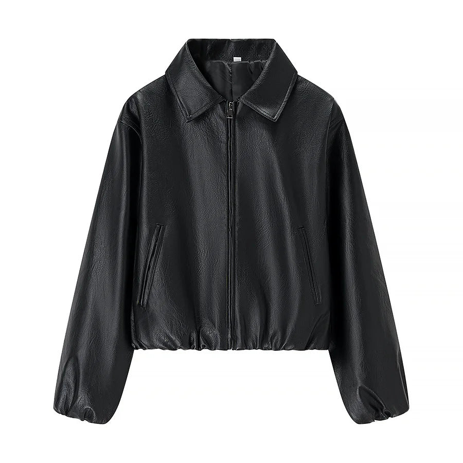 Women nan cropped shiny faux leather bomber jacket with shirt collar and elastic hem Mune Fashion