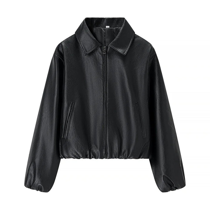 Women nan cropped shiny faux leather bomber jacket with shirt collar and elastic hem Mune Fashion
