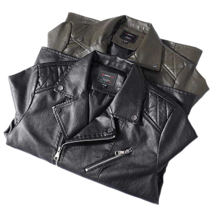 Men's Slim-Fit Faux Leather Motorcycle Jacket with Asymmetrical Zipper Front Mune Fashion
