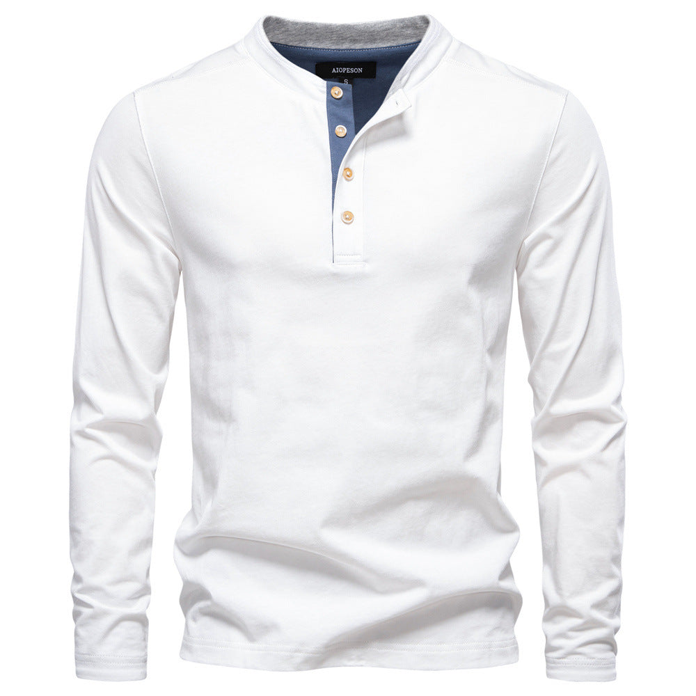 Men's navy cotton long-sleeve shirt with short button placket and stand collar Mune Fashion