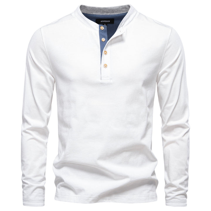 Men's navy cotton long-sleeve shirt with short button placket and stand collar Mune Fashion