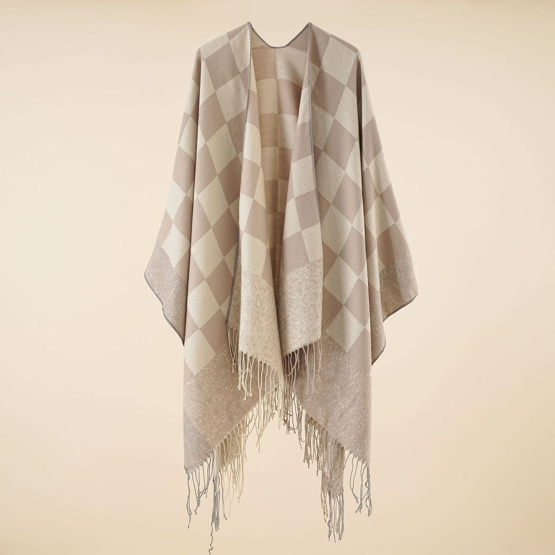 Women Oversized Poncho with Check Pattern and Fringes Mune Fashion