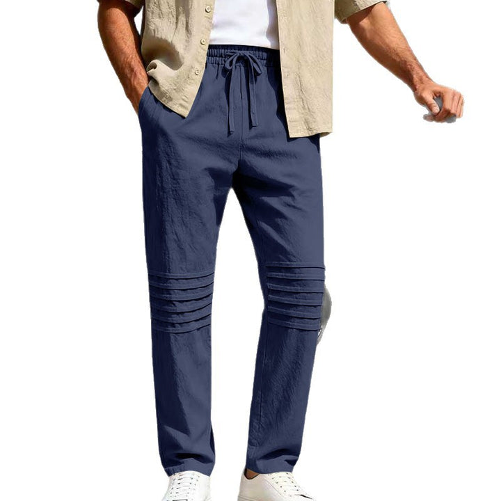 Men's Linen Look Lounge Pants with Drawstring Elastic Waistband and Quilted Knee Panels Mune Fashion