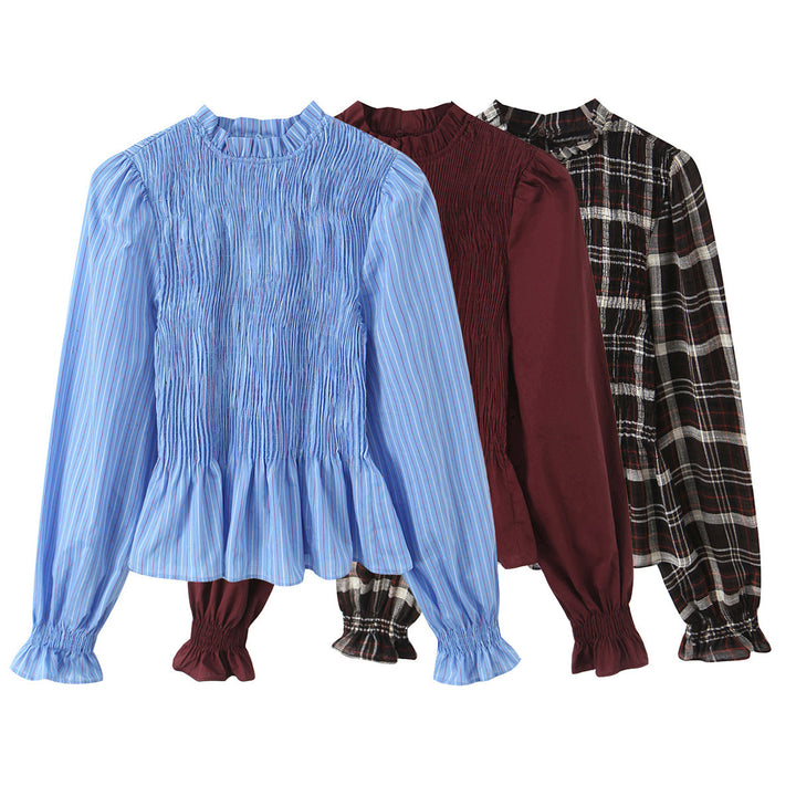 Women's Striped Blouse with Smocked Front, Stand Collar and Ruffled Hem Mune Fashion