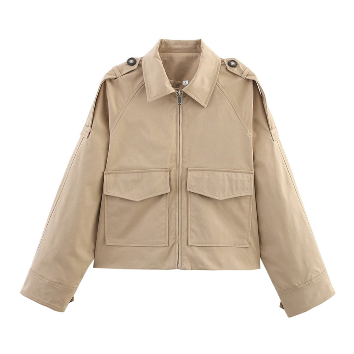 Women's Short Cut Utility Jacket in Military Look with Flap Pockets, Epaulettes and Zipper Mune Fashion
